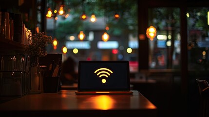 Poster - A dimly lit cafe scene with a laptop showing a bright WiFi icon, warm lights reflecting on the table.