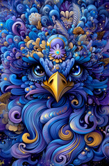 Wall Mural - A colorful bird with a blue head and purple feathers. The bird has a gold beak and is surrounded by flowers