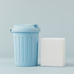 Poster - Light Blue Trash Can and Sponge on Pastel Background