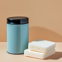 Poster - Pastel teal tin with white sponges on beige background
