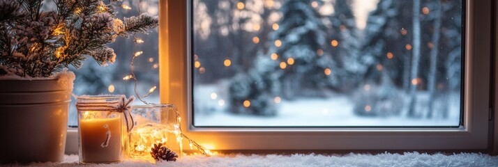 Poster - Cozy winter view of snowy landscape with decorative lights and candle on a window sill during sunset. Generative AI