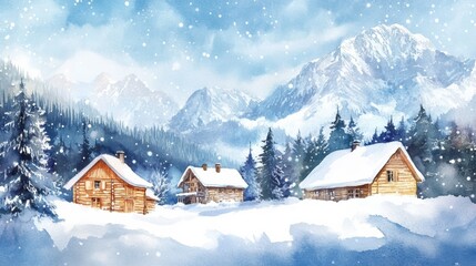 Leinwandbilder - Winter wonderland with wooden cabins and snow covered mountains in a serene landscape. Generative AI