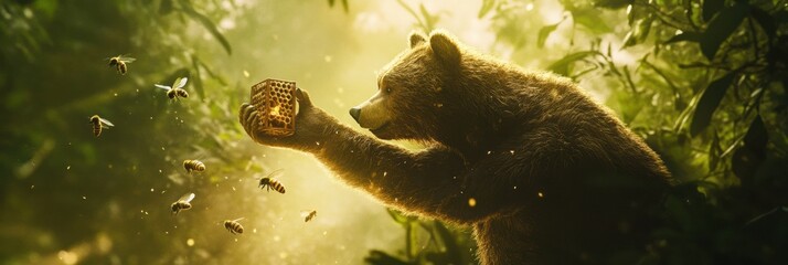 Aufkleber - Bear forages for honey while surrounded by buzzing bees in a sunlit forest. Generative AI