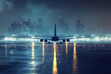 Aufkleber - airplane ready for departure at a bustling urban airport during a rainy night. generative ai