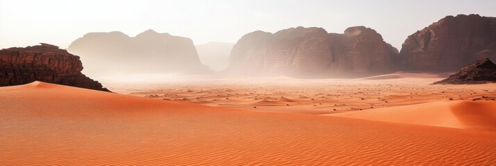 Aufkleber - Vast sandy landscape under a clear sky in a desert region during early morning light. Generative AI