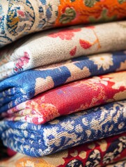 Poster - Vibrant stacked fabrics showcasing floral and geometric designs with blank space for creative text. Generative AI