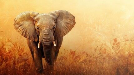 Aufkleber - Elephant standing in golden grass under warm sunlight amidst vibrant flora in an open savanna landscape. Generative AI