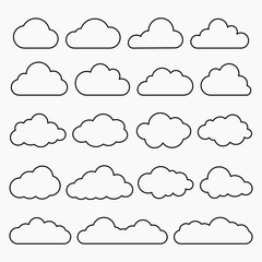 Wall Mural - set of 16 cloud icons in various shapes. simple cloud designs in black outline. perfect for weather 