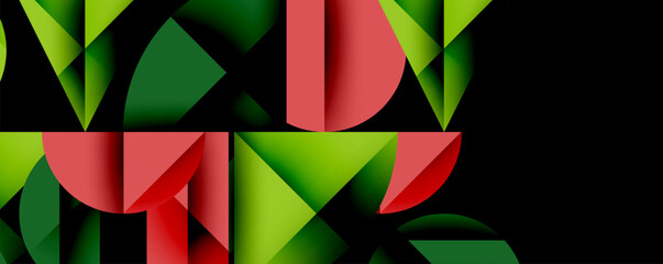 Poster - Abstract geometric background with layered gradient shapes forming dynamic patterns. Overlapping semi circles and triangles create depth and contrast