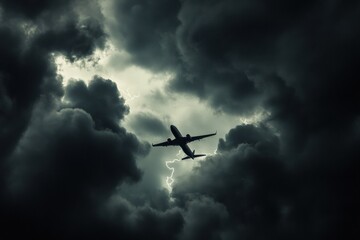 Poster - dark storm clouds surround airplane during turbulent flight over ominous sky in dramatic weather con