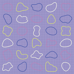 Wall Mural - Abstract shapes in pastel colors on a purple grid background. The shapes are outlined in pink, yellow, and blue, creating a playful and artistic pattern. Colorful shapes, vector element set.