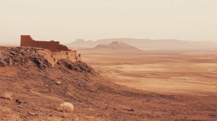 Aufkleber - Desert landscape with ancient ruins and distant mesas in arid terrain during golden hour. Generative AI