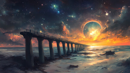 Wall Mural - Serene digital painting captures solitary bridge over vast cosmic ocean bathed warm sunset light beach starry sky stretching out meet horizon. Cosmic Shipwrecks. Illustration