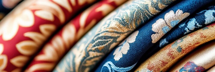 Poster - Close up view of vibrant patterned fabrics showcasing floral and geometric designs suitable for artistic projects. Generative AI