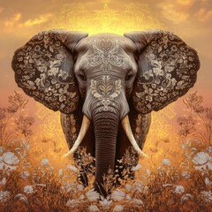 Poster - Majestic elephant with intricate patterns under a golden sunset in an open landscape. Generative AI