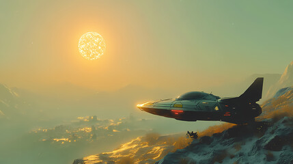 Wall Mural - A futuristic spaceship hovers near a glowing star, exploring the beauty of outer space in a surreal cosmic landscape. Cosmic Shipwrecks. Illustration