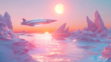 Wall Mural - A futuristic spaceship hovers near a glowing star, exploring the beauty of outer space in a surreal cosmic landscape. Cosmic Shipwrecks. Illustration