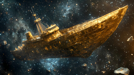 A majestic, golden ship floats amidst a starry, cosmic expanse. Cosmic Shipwrecks. Illustration