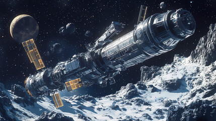 Wall Mural - A massive space station orbits above a planet with stars and distant celestial objects creating a futuristic space scene. Cosmic Shipwrecks. Illustration