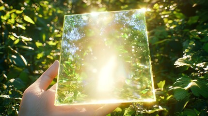 Wall Mural - Close-Up of Person Holding a Reflective Square in Lush Greenery