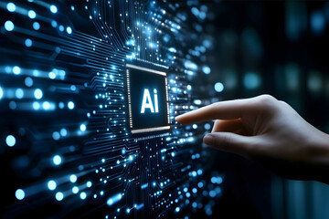 closeup of a hand touching a chip with an ai logo on a circuit board a futuristic technology concept