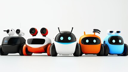 Poster - A row of modern electronic toys, including robots and remote-control vehicles. Copy space.