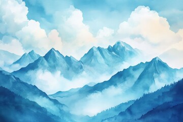 Fototapete - Majestic mountain landscape with blue hues and soft clouds during a serene day in nature. Generative AI