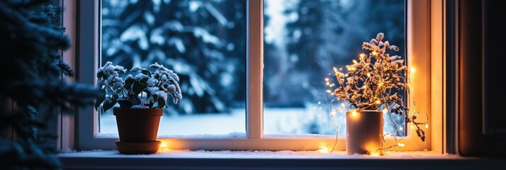Poster - Cozy winter evening with potted plants and glowing lights in a snowy landscape. Generative AI