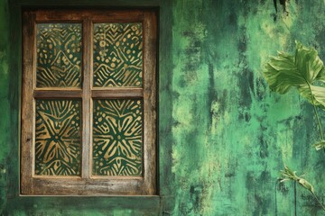 Wall Mural - A decorative window is set within a textured green wall