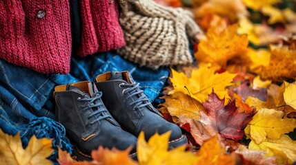Aufkleber - Colorful autumn leaves surround stylish boots worn by a person dressed in cozy knitwear during a fall outing. Generative AI