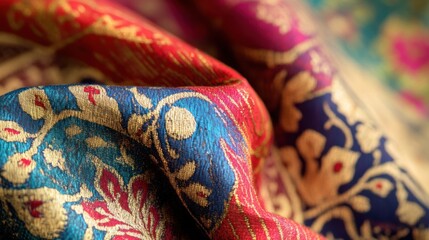 Leinwandbilder - Vibrant close up of richly patterned fabrics featuring intricate floral and geometric designs with space for custom text. Generative AI