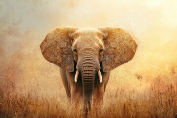 Poster - Elephant standing majestically in a golden grassland at sunset with intricate patterns on its ears and an ethereal background. Generative AI