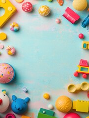 Aufkleber - Colorful collection of playful toys arranged on a bright blue background for creative playtime activities. Generative AI