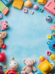 Aufkleber - Colorful assortment of toys on a blue surface ready for imaginative play and creative activities. Generative AI