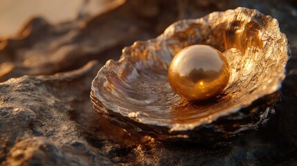Poster - A stunning close-up of a golden pearl cradled within a textured oyster shell on a smooth surface.