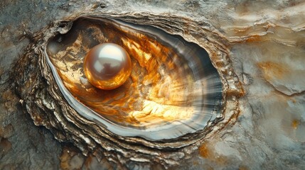 Poster - A stunning close-up of a golden pearl cradled within a textured oyster shell on a smooth surface.