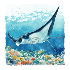 watercolor manta ray swims peacefully over colorful coral reef