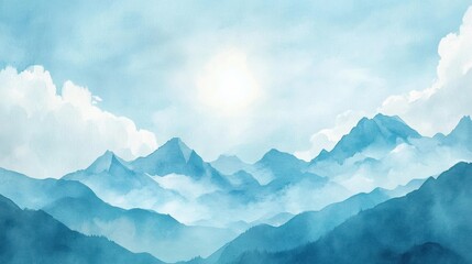 Poster - Majestic mountain landscape under a bright sky showcasing layers of blue hues and soft clouds in a serene environment. Generative AI