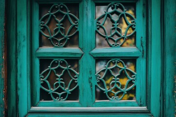 Wall Mural - Close up of an ornate aqua painted window with designs