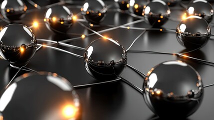 Poster - A web of metallic and glass spheres connected by glowing lines, symbolizing communication and technology.