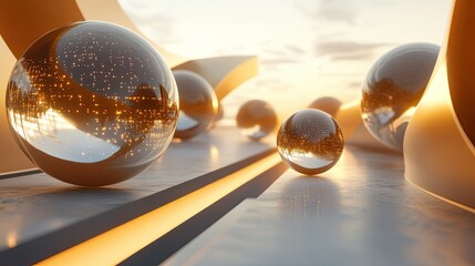 Fototapete - Abstract composition of smooth spheres and illuminated lines, representing innovation and connectivity.
