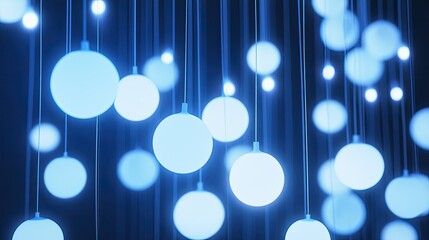 Fototapete - Floating blue and white spheres linked by thin neon threads, representing an abstract digital network.