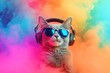 © TommyNa - A stylish cat wearing sunglasses and headphones against a vibrant, colorful smoke background. Ideal for music, entertainment, and creative advertising