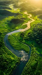 Aufkleber - Aerial view of winding rivers glowing under golden light, flowing through lush green landscapes, cinematic natural geometry