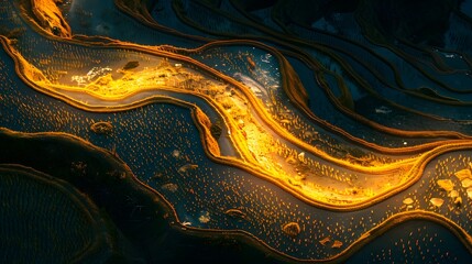 Aufkleber - Aerial view of vibrant rice fields glowing under golden hour light, intricate patterns creating cinematic natural artistry