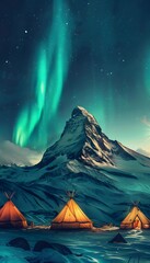 Aufkleber - Low-angle view of a towering mountain illuminated by an aurora borealis, traditional tents glowing with warm light in the foreground, cinematic surreal beauty