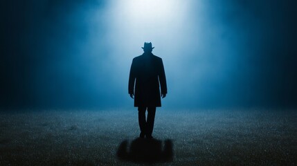 A lone figure in a long coat and hat walks away into a mysterious blue night, leaving a shadow behind.