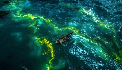 Poster - Aerial view of bioluminescent ocean waves glowing with vibrant greens and blues, a traditional wooden boat cutting through, cinematic natural and cultural depth