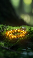 Aufkleber - Macro shot of a glowing traditional bead necklace resting on moss illuminated by cinematic natural light