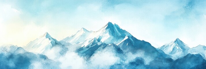 Fototapete - Snow capped mountains rise majestically against a serene blue sky with soft clouds in the distance during an early morning light. Generative AI